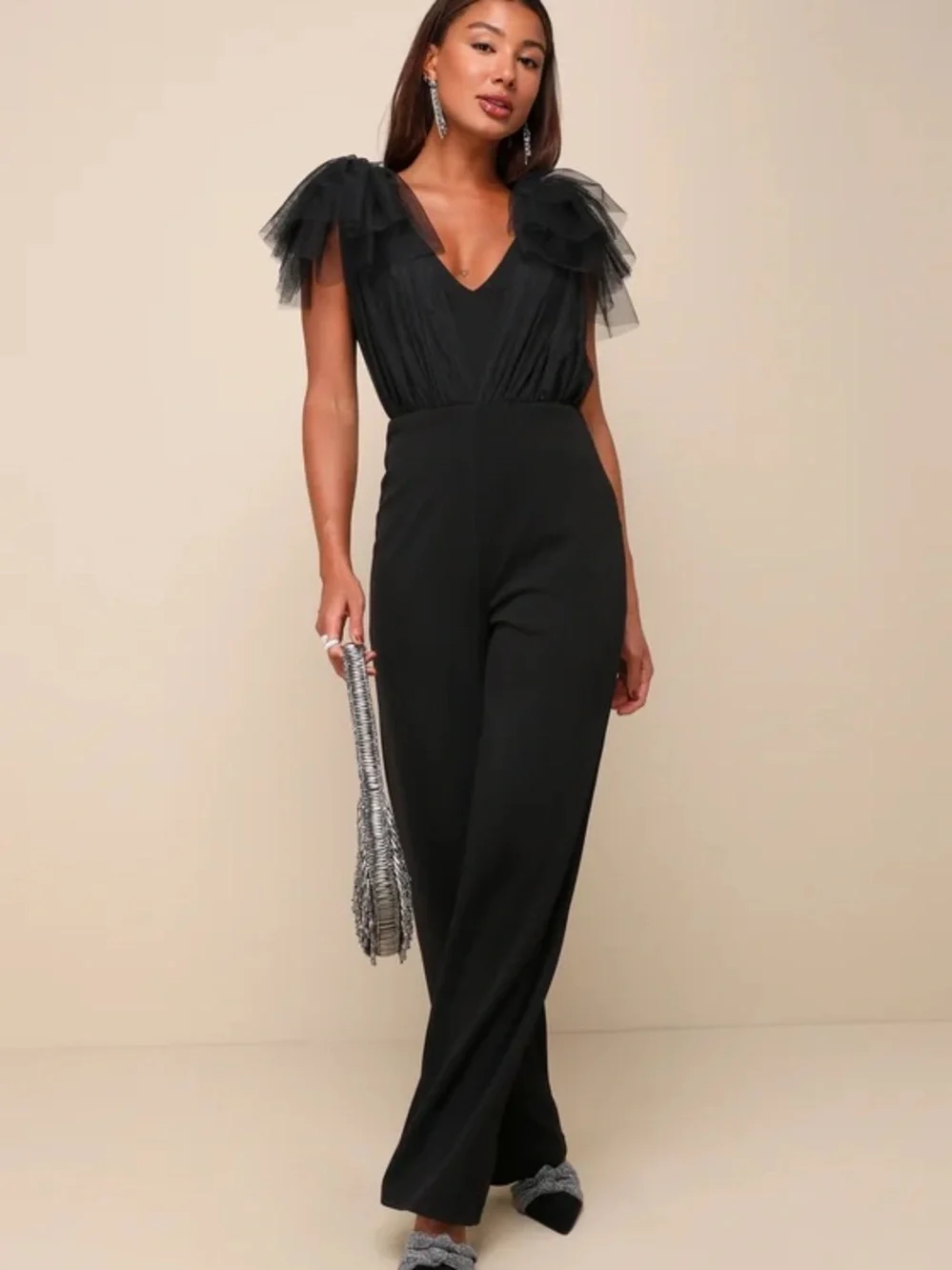 Lulu's Black Tulle-Trim V-Neck Wide-Leg Jumpsuit